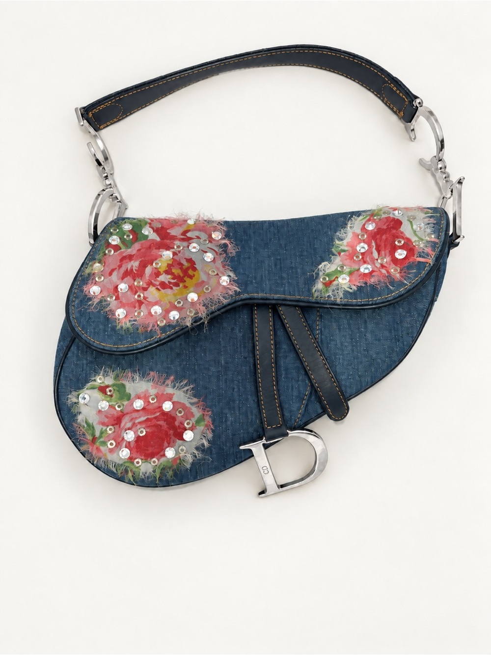 Dior Blue Denim Saddle Bag with Red Floral Embroidery